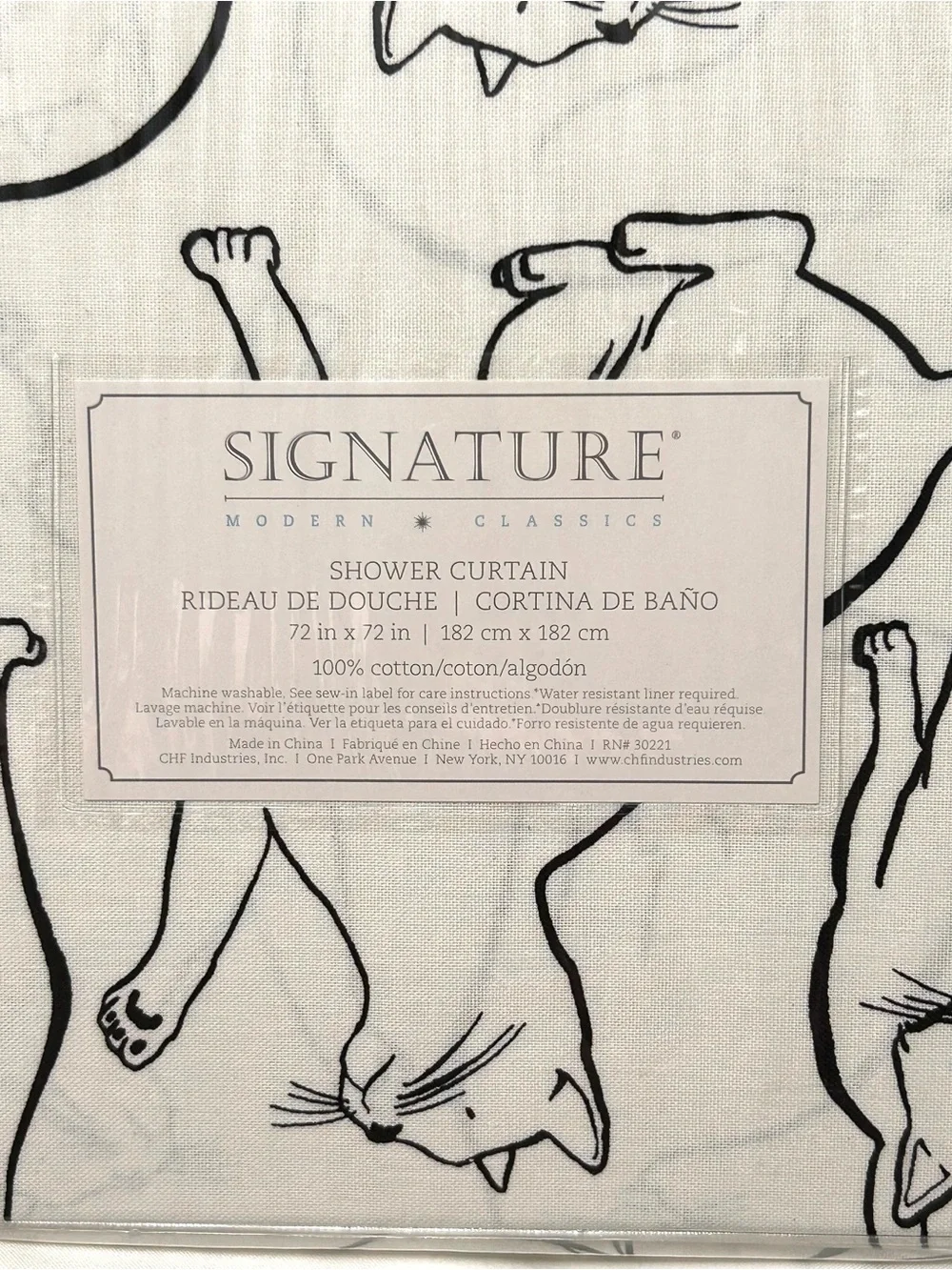Signature Modern Classics Cats Black and White Cotton Shower Curtain New NWT